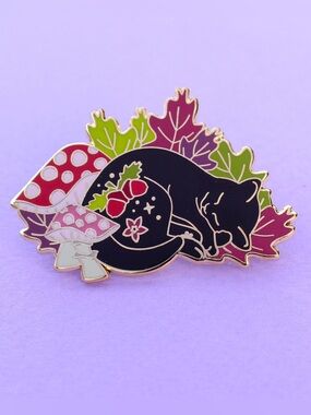 Sleeping Black Cat Enamel Pin with Mushrooms & Leaves